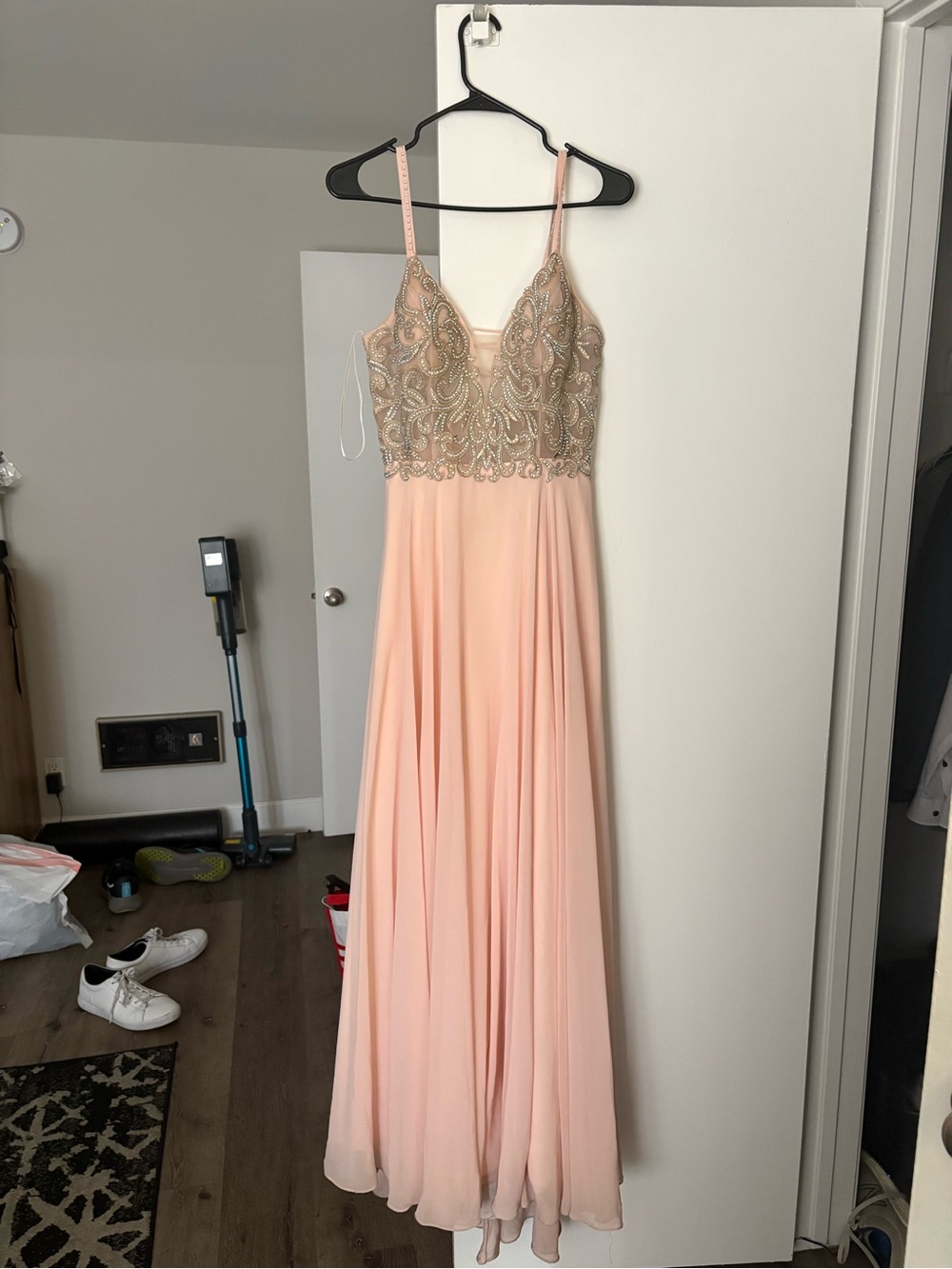 Blush Pink Beaded Bodice Evening Gown